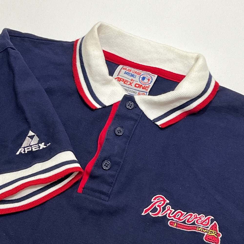 VTG 90's Atlanta Braves Apex One MLB Polo Golf‎ Shirt Mens Small Baseball Blue